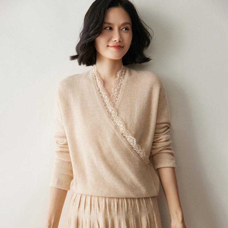 2026 Autumn/Winter Women's V-Neck Cashmere Lace Crossover Wool Sweater