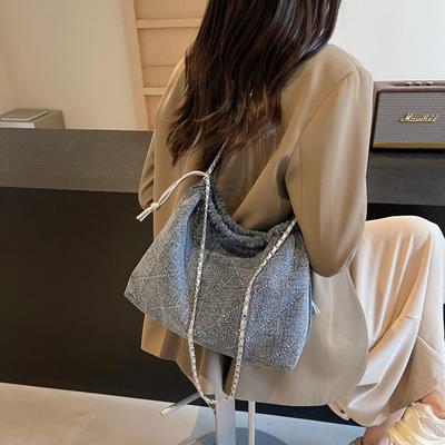Luxury Designer Women's Diamond Denim Shoulder Bag New Vintage Large Capacity Handbag Casual Fashion Chain Crossbody Bucket Bag