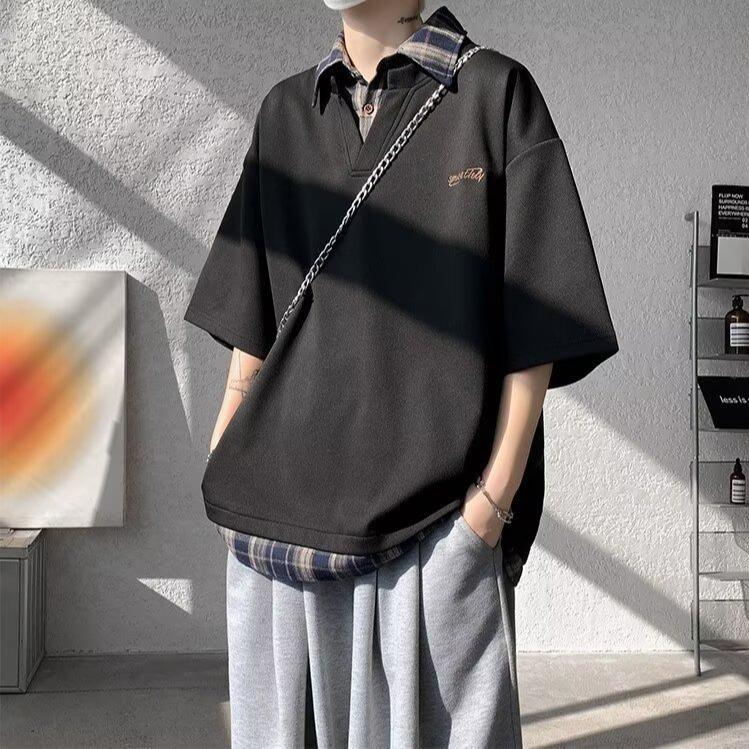 Trendy Summer Faux Two-Piece Unisex Casual Loose Short Sleeve Patchwork Tee L чёрный