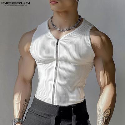 Pánské letní tílka s V výstřihem, na zip, bez rukávů, se zádovým dílem racerback, žebrované, sportovní, úzké