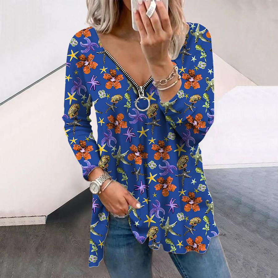 

Women Autumn Floral Flowers and Starfish Printed Long Sleeve T-Shirts Loose V-Neck Plus Size Tee Shirt Tops Comfy Blouse
