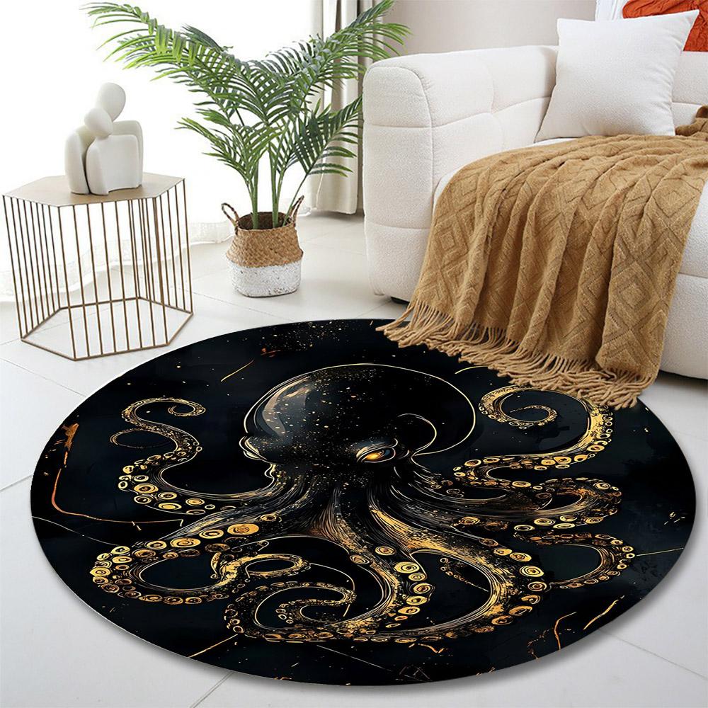 Golden Octopus on Dark Ocean Background Print round rug, living room, bedroom, playroom carpet, non slip floor mat, gift