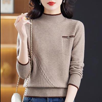 Camisa de Gola Alta Casual de Malha para Outono e Inverno da Moda Feminina