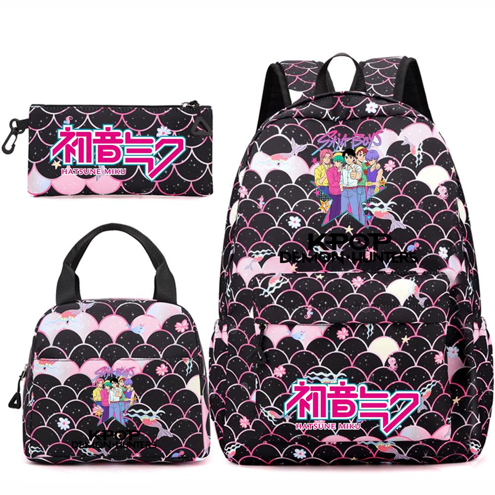 3Pcs/set Anime Cartoon Demon Hunters Printed Backpack Handbag Pencil Case for Teenger Student Girl Boy Large Capacity Waterproof Bookbag