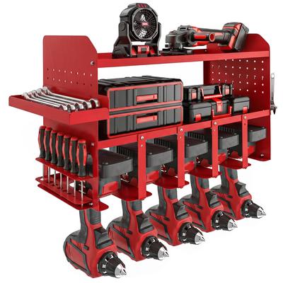 Garden Tool Organizer 2-Tier Wall Storage Shelf for Garage with Tray and Hooks