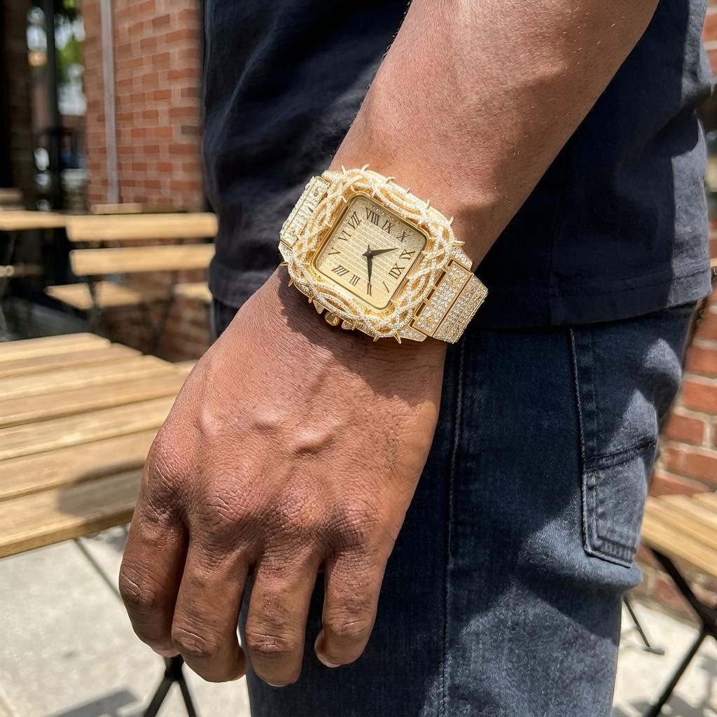 THE BLING KING Hip Hop Rapper Iced Out Thorn Encrusted Square Watch Men Full Rhinestone Square Roman Dial Quartz Wristwatch