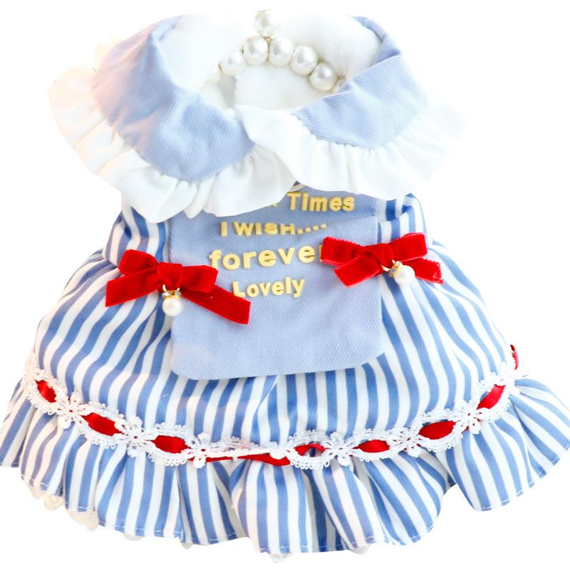 Dog Clothes Autumn and Winter Thick Princess Skirt Striped Fresh Sailor Cotton Coat Small Dog Pet Supplies