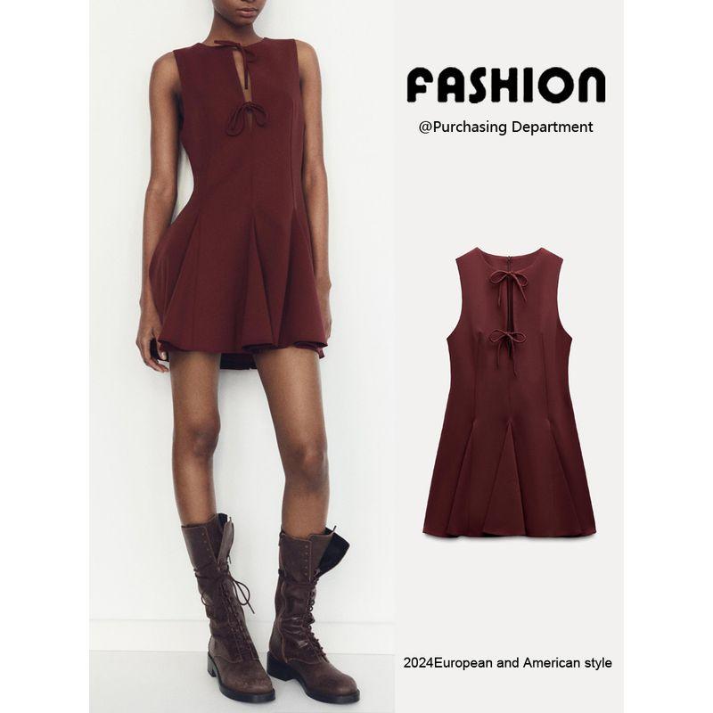 Za2025 Spring New Women's Clothing Waist-Tight Slim Looking Wavy Style Wide Hem Bowknot Decoration Short Dress 4661316