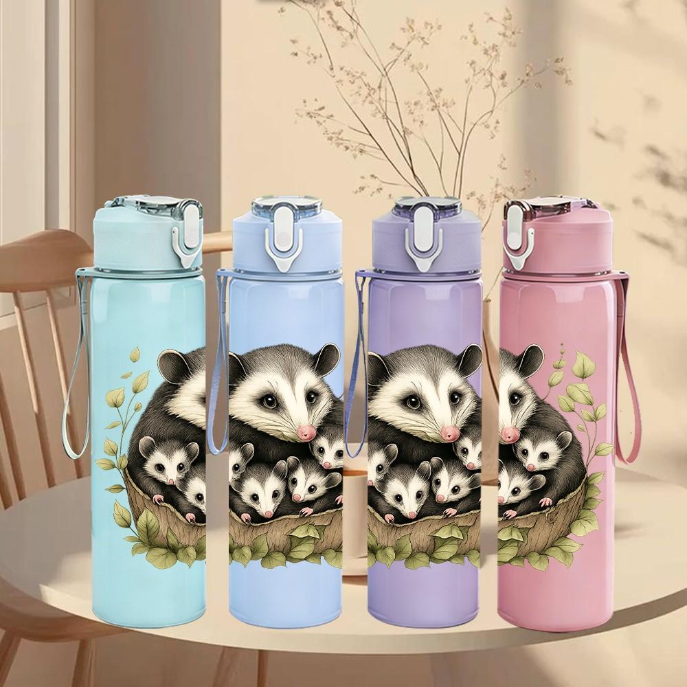 1PC Opossum Floral Portrait Art 750ml Color Plastic Sports Water Bottle Leakproof Flip Straw Lid Suitable for Sports Office Home Use