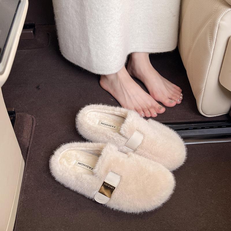 Mao Mao slippers women's wear 2025 autumn and winter new Doudou shoes one pedal Mao Mao lazy cotton shoes flat half slippers