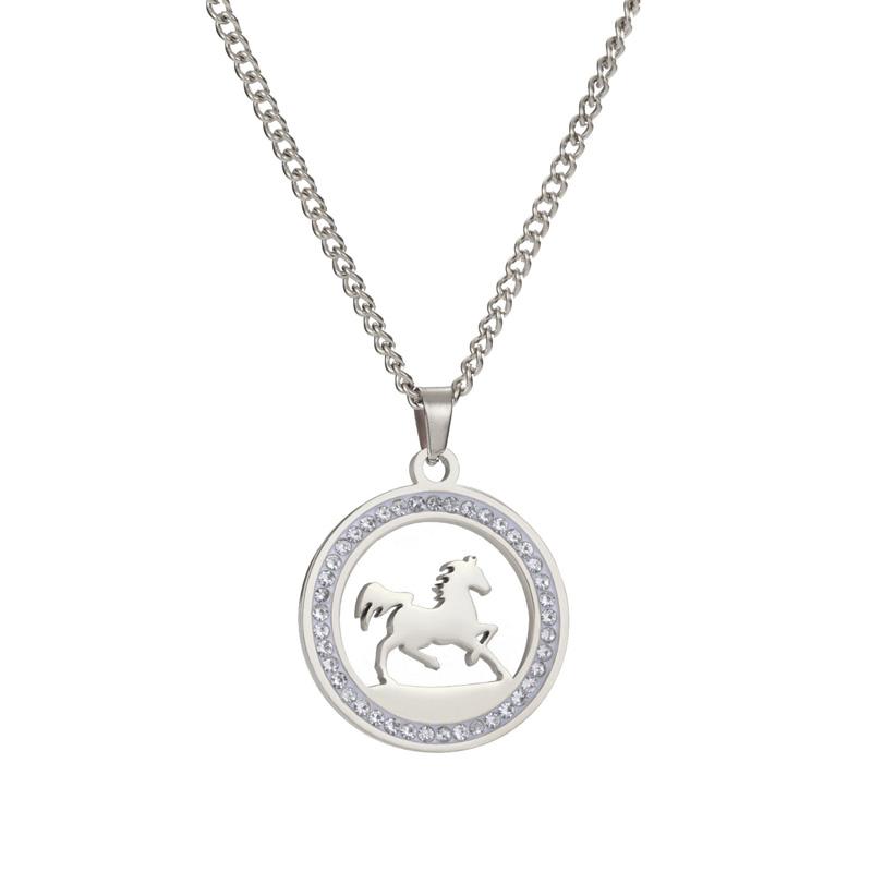 1ks Náhrdelník s přívěskem koně Vynikající nerezová ocel Novoroční dárek Diamantem vykládaný Temperament Kulatý přívěsek Náhrdelník