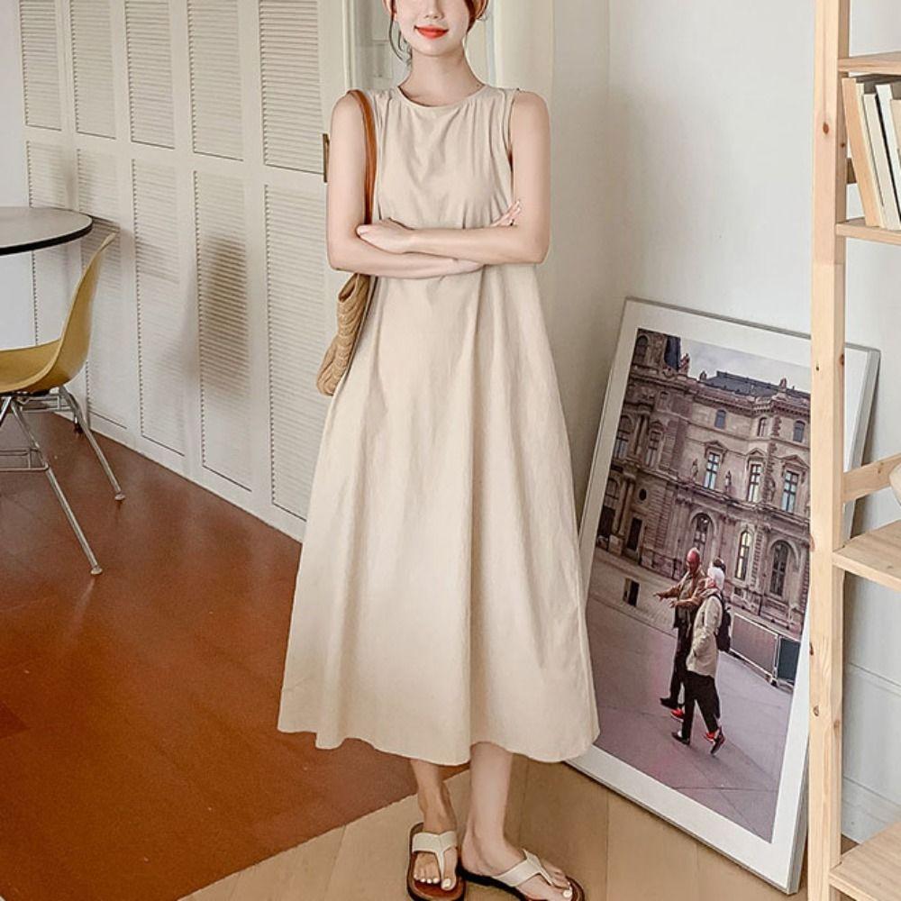 Solid Summer Sleeveless Dress Round Neck Open Back Long Dress Vocation Vest Dresses Students