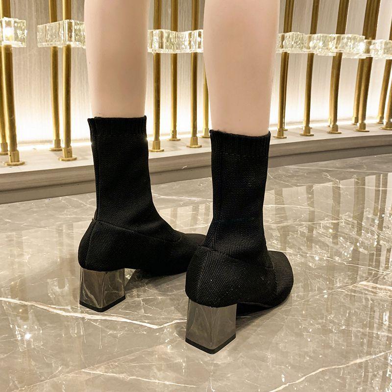 Short Boots Women's High-heeled Single Boots 2025 Autumn and Winter New Pointed Thin Boots Elastic Boots Socks Boots Thick Heel Velvet Socks Boots