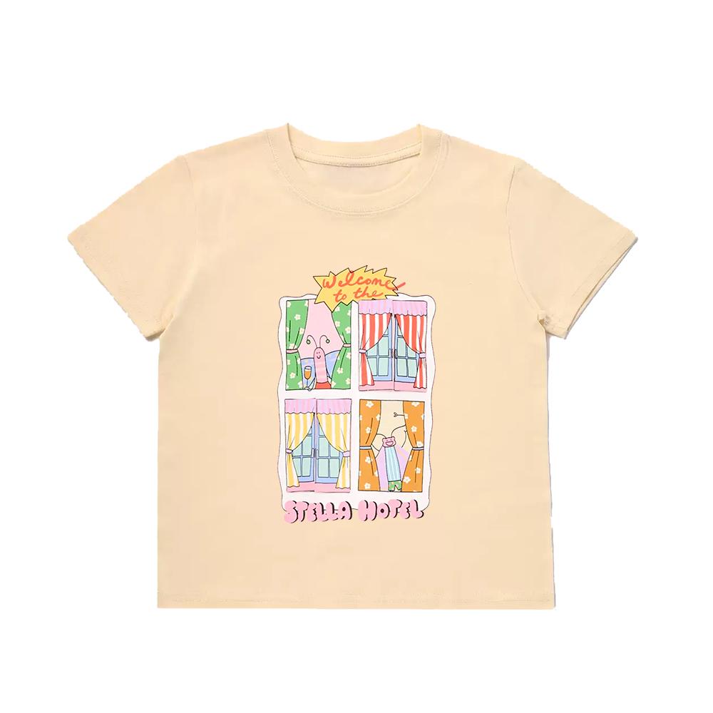 Girls' summer short sleeved T-shirt with fun cartoon print, sweet pure Polyester breathable baby girl casual top, children's clothi