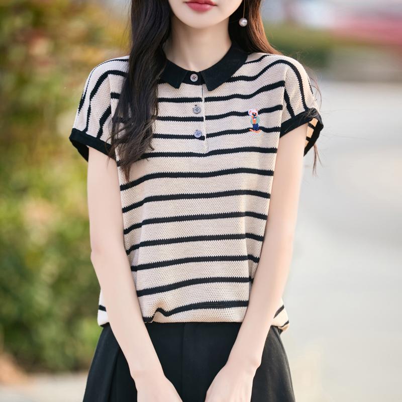 Women Knit T-shirt 100% Wool MODERN NEW SAGA Summer Knitted Shirt Short Sleeve Tees Turn-down Collar Patchwork Pullover Knit Tops