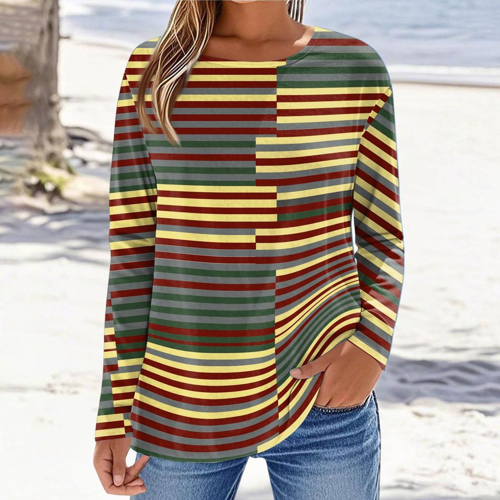 Women's Fashionable Casual Printed Long Sleeved Round Neck Top Round Neck Top Top
