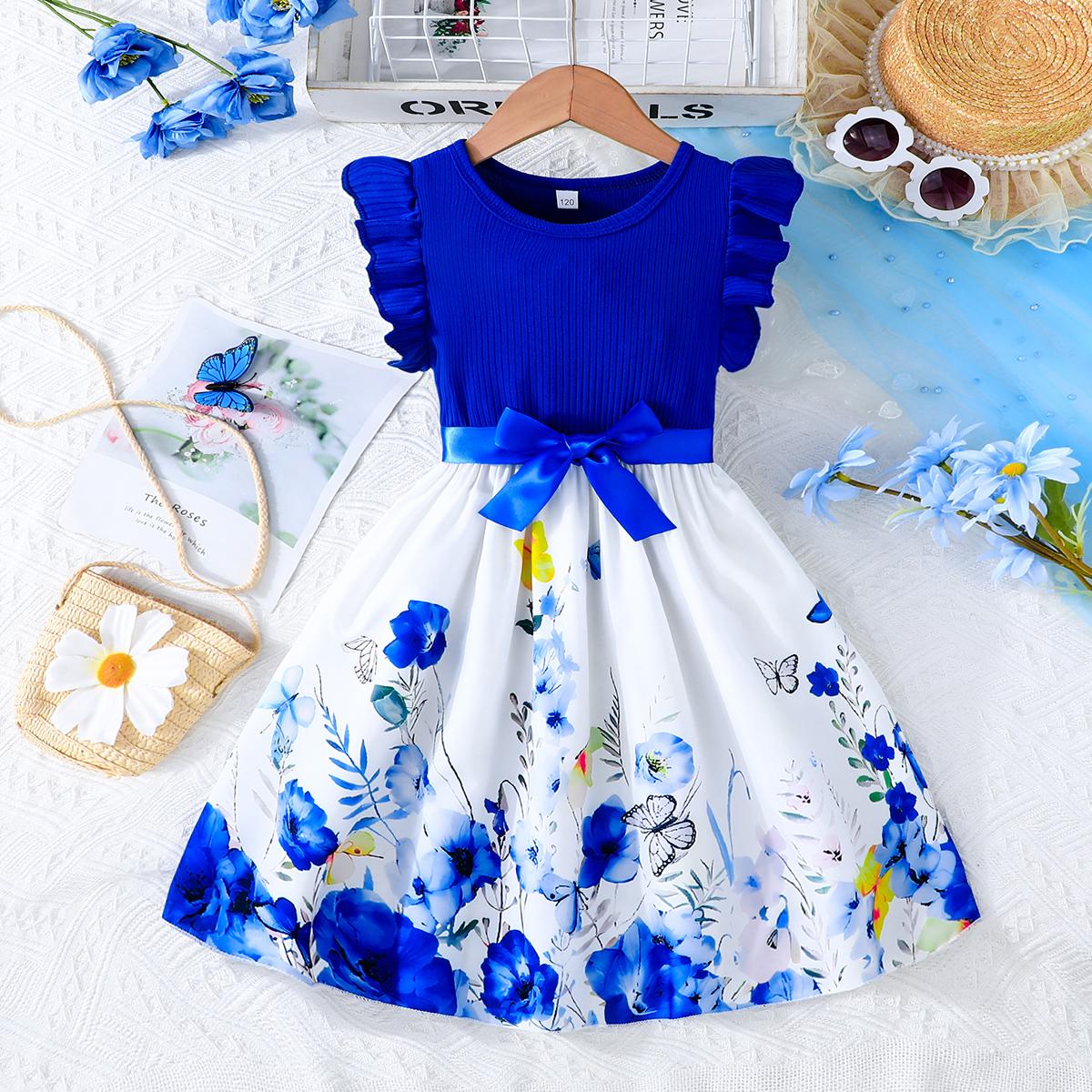 

Girls Floral & Butterfly Print Dress, Ruffle Sleeve Ribbed Bodice Casual Summer Outfit 6Y голубой люпин