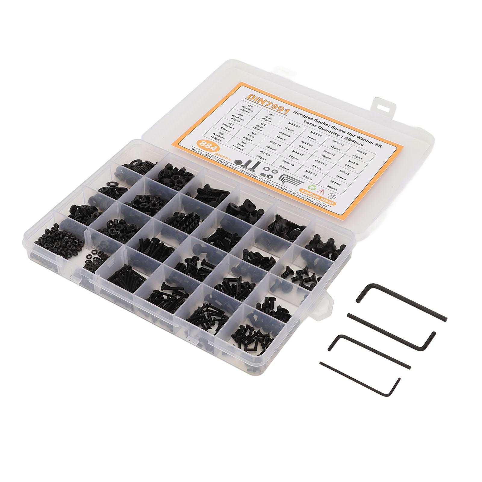 

884 шт. M2 M3 M4 M5 Винты с внутренним шестигранником из углеродистой стали, гайки, шайбы, набор с коробкой для хранения, черные