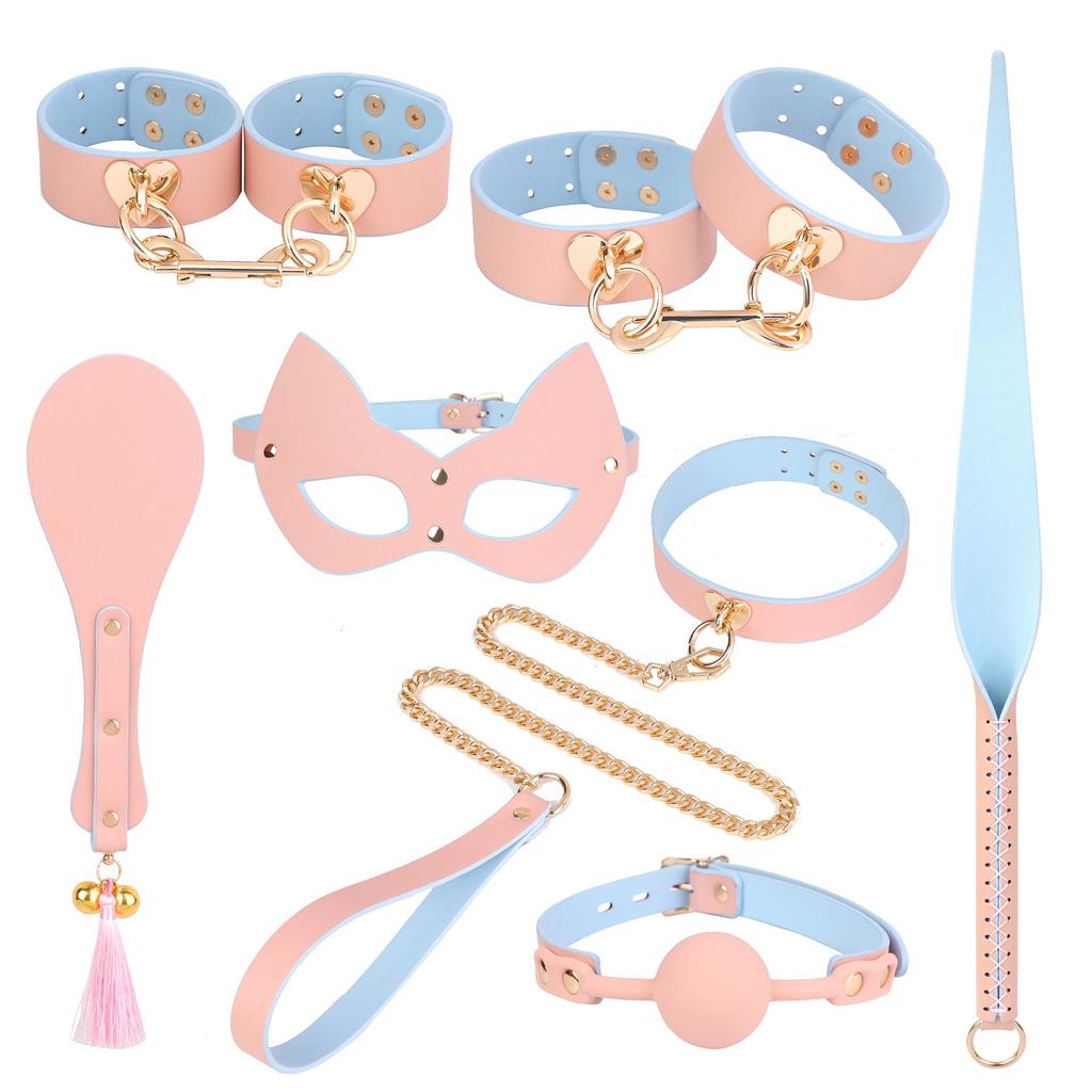Hot Sexy Genuine Leather Bondage Kits Restraint Set Handcuffs Collar Gag Rabbit Vibrators Adult Sex Toys For Women Couples