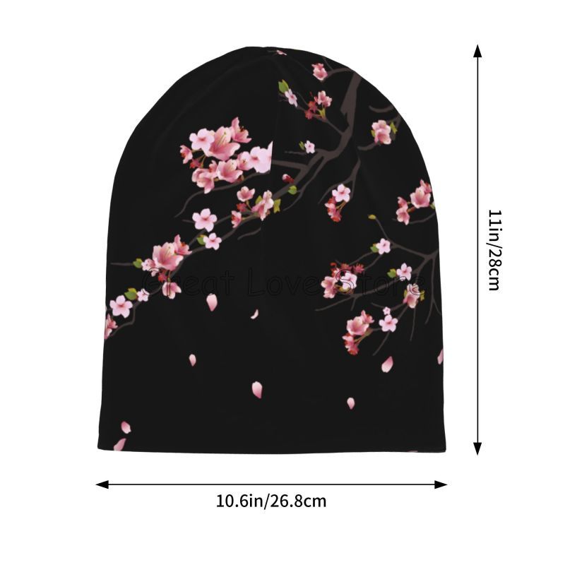 Japanese Sakura Cherry Blossoms Black Beanie Hat Unisex Warm Bonnet Cap Adults Knit Hat Headwear Vintage Street Skullies Beanies