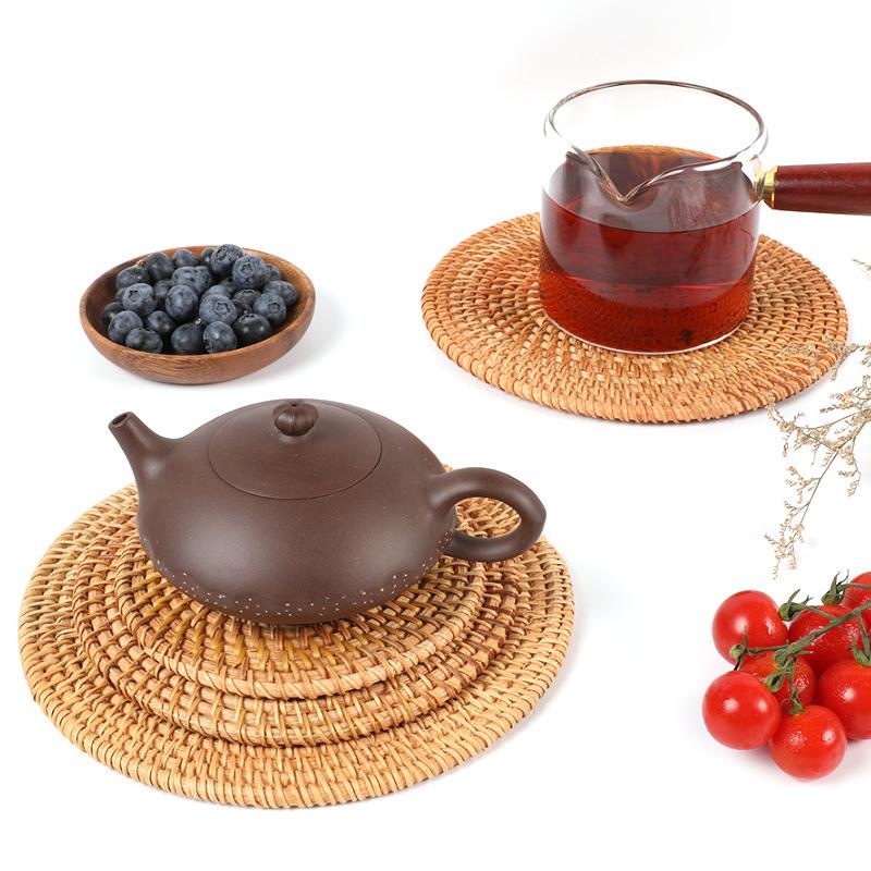 Gewebtes Rattan Teeuntersetzer Rund Naturrattan Tassenuntersetzer Handgewebt Hitzebeständige Tischsets Tischunterlage Küche