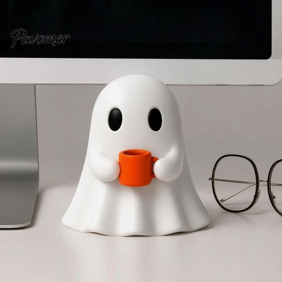 Modern Home Accents Ghost Drinking Coffee Figurine, 3D Printed Cute White Holding A Mug Halloween Party Supplies Statue, Spooky Decoration for