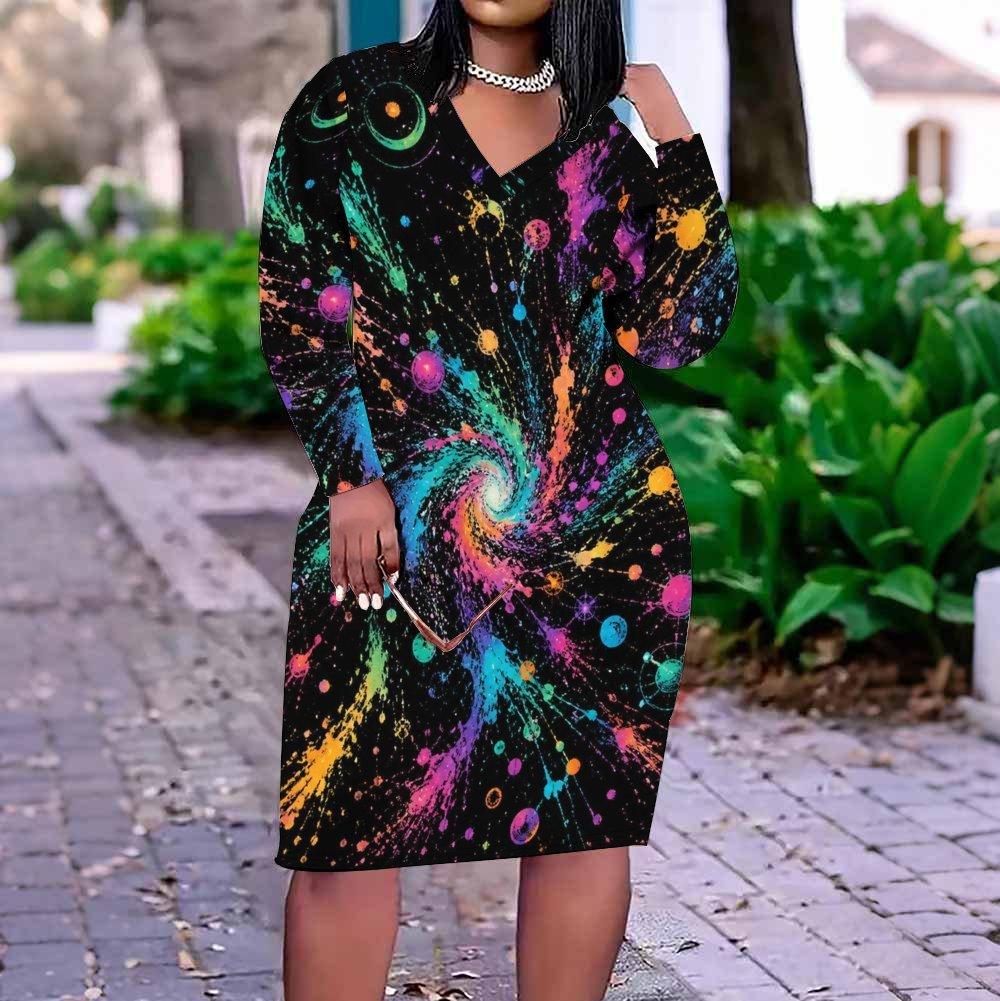 Women Plus Size V Neck Long Sleeve Green Leaf Printed Fitted Dress