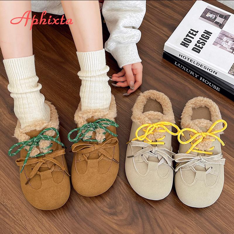 Fashion Aphixta Cow Suede Brown Slipper Furry Warm Women Mule Outside Plush Shoes Colorful Lace Up Slides Chaussures Femme Zapatos Mujer