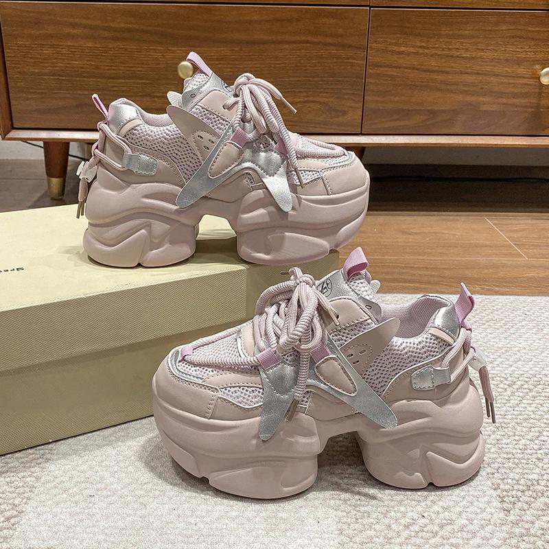 Mode 10cm Herbst Frühling Chunky Sneakers Frauen Lace Up Non-slip Plattform Sport Schuhe Dicke Sohle Schuhe Weibliche Heels casual Sneakers