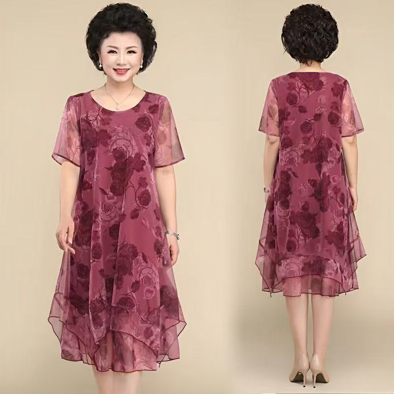 O-Ausschnitt Kurzarmkleider Vintage Blumendruck Sommer Gaze Gespleißte Damenbekleidung Stilvolles unregelmäßiges lockeres Midikleid