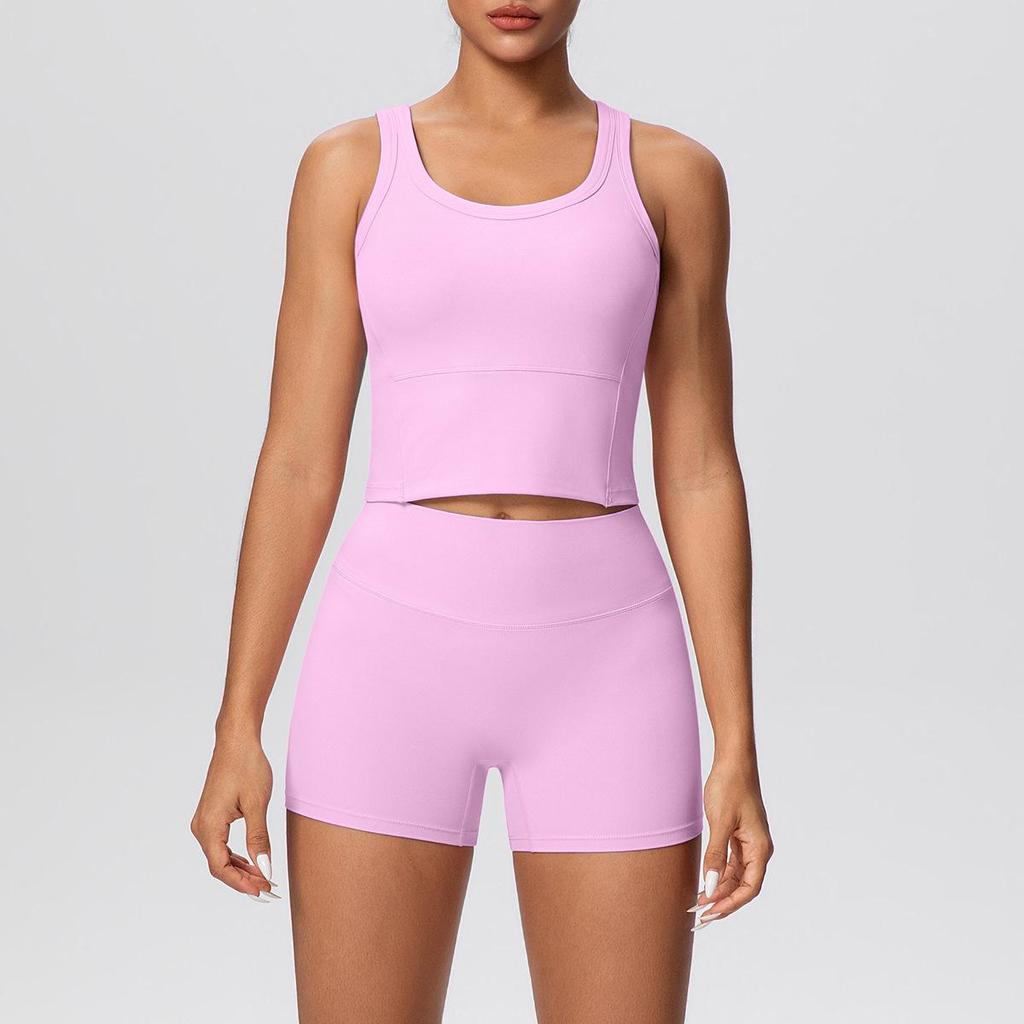 Cross-border Solid Color Reversible Yoga Vest & Shorts Fitness Set