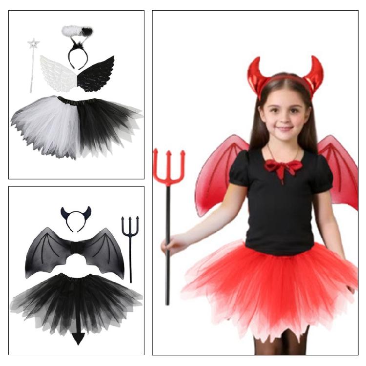 Halloween Rainbow Costume Set Devil Cosplay Costume Accessories for Kids Girl, Including Headband, Wing, Skirt, and Wand