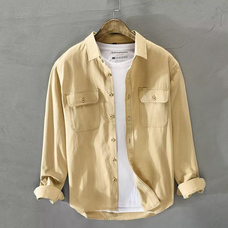 Men's High-End Cotton Pique Workwear Shirt – Loose Casual Button-Down Long Sleeve Top
