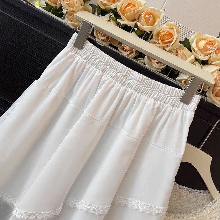 Irregular Lace Trim Mesh Midi Skirt for Women - Spring 2025 High-Waist A-Line Pleated Tiered Design.