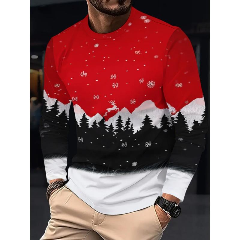 Men's Winter Christmas Themed Long-Sleeve T-Shirt with Stylish Cartoon Print, Crew Neck. Casual Loose-Fit Long-Sleeve Crew Neck Top