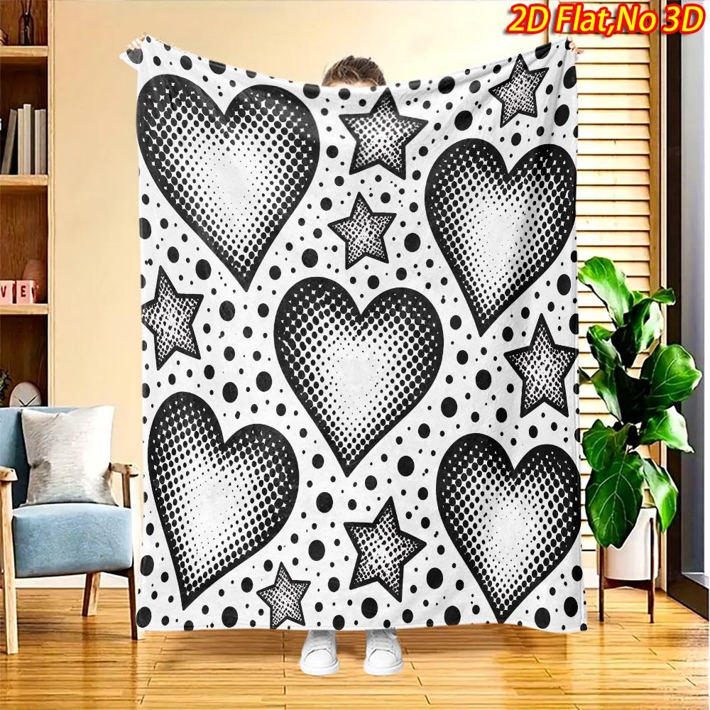 1pc 2D Flat Printing Spring And Summer New Arrival Black And White Polka Dot Heart Star Pattern Digital Print Blanket, All-Season Use, Casual Throw, 1