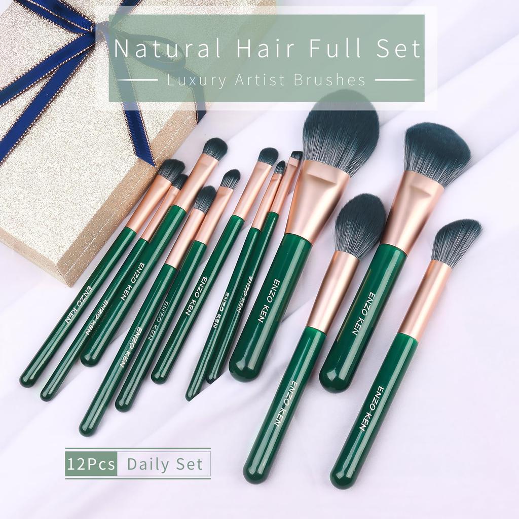 ENZO KEN Grünes professionelles Make-up-Pinsel-Set mit Reiseetui, smaragdgrünes veganes Lidschatten-Pinsel-Set, superweiches Haar, Reise-Kosmetikpinsel-Set, 12 Stück mit