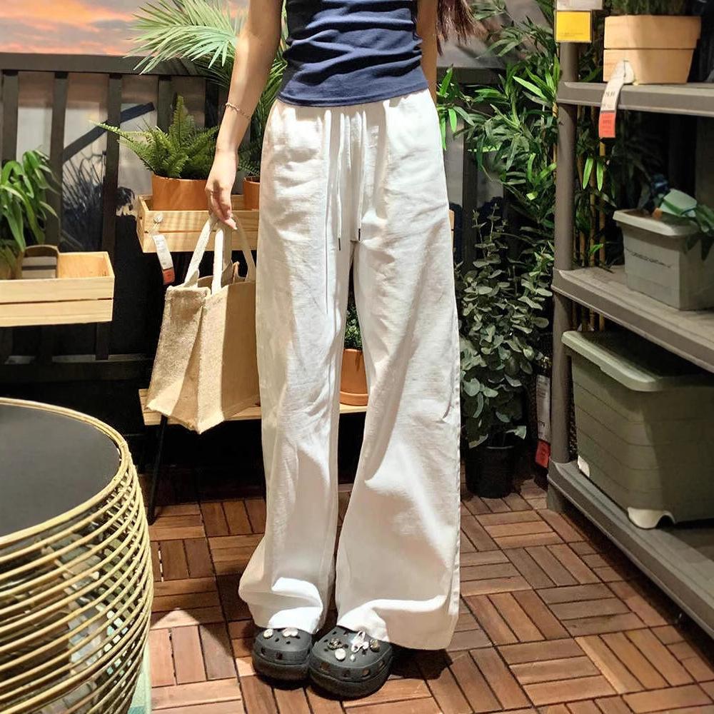 

Women s White Wide-Leg Pants - Spring/Autumn 2025, Loose Cotton-Linen Denim, Floor-Length Casual Style Large