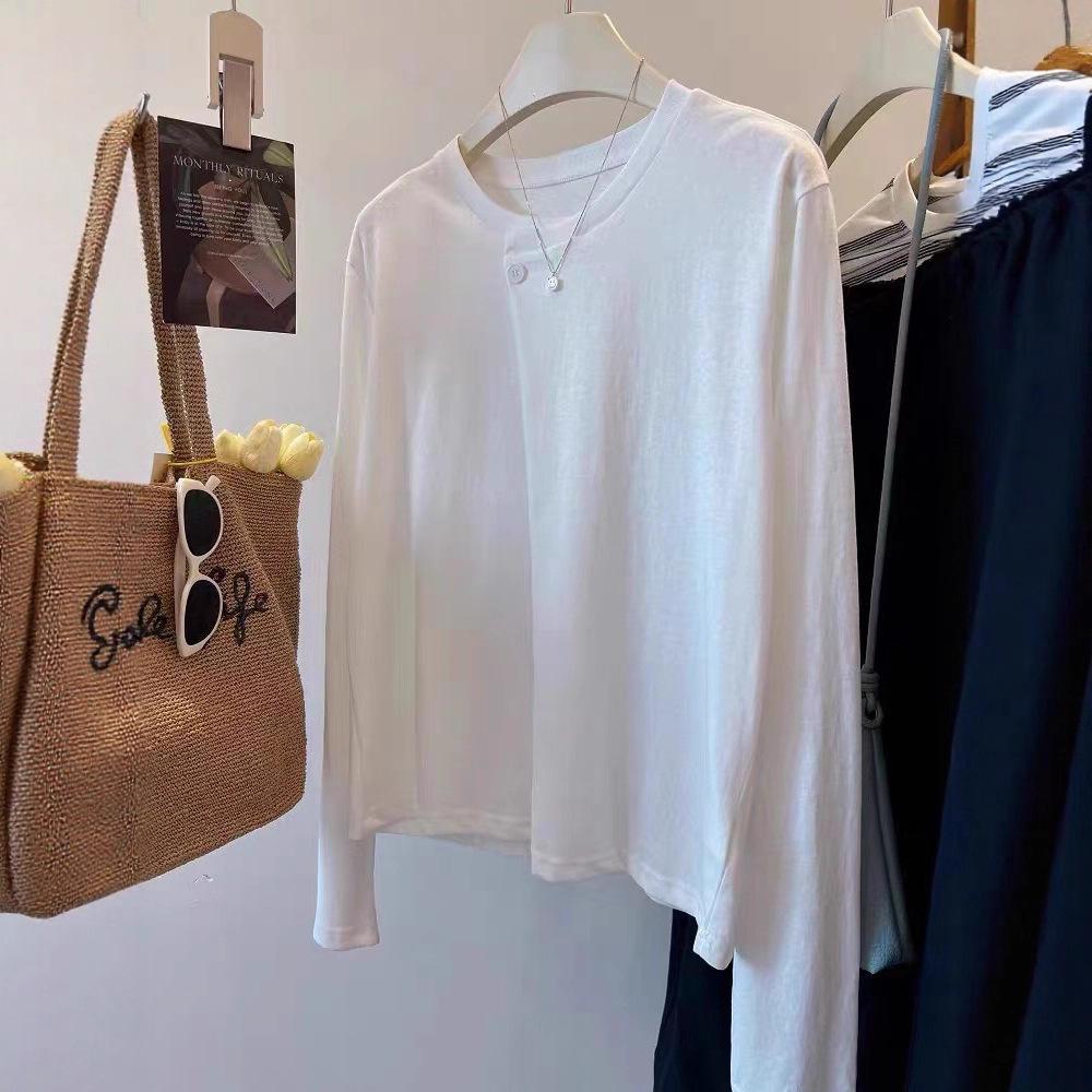 

Cross-Season Pure Cotton Korean Double Gauze Long Sleeve T-Shirt for Women - Early Autumn Button Design XL (up to 82.5 kg) білий