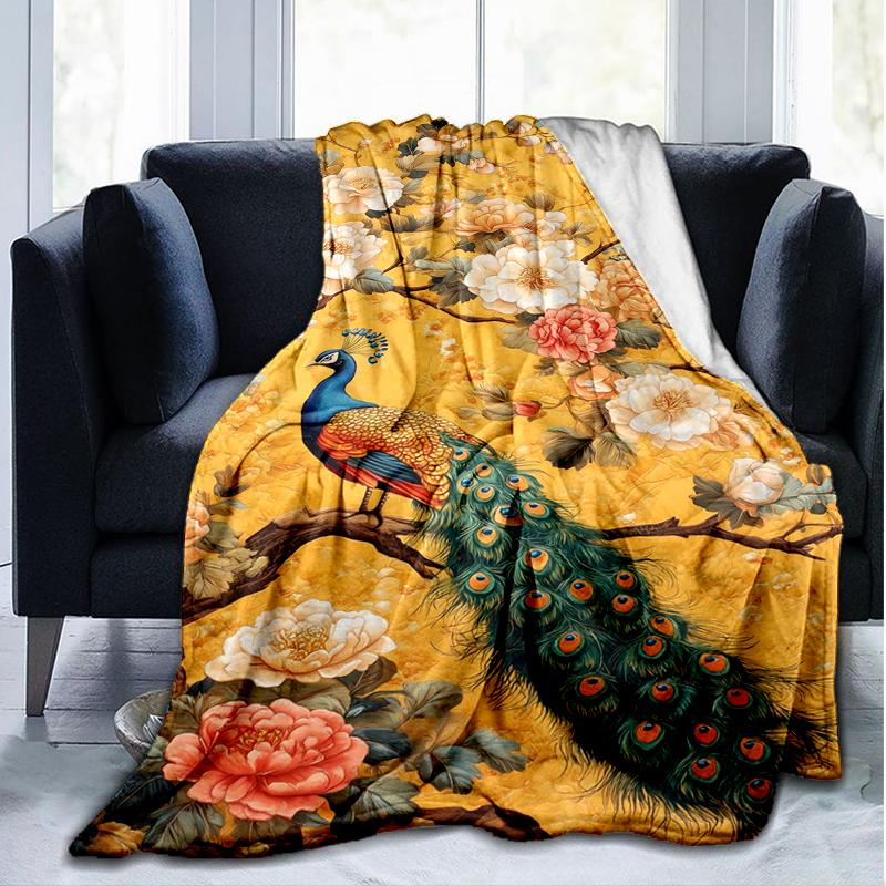 Peacock Flowers blanket Personalized Name Flannel Blanket Soft Cozy Plush Throw for Sofa Bed Lightweight Home Décor