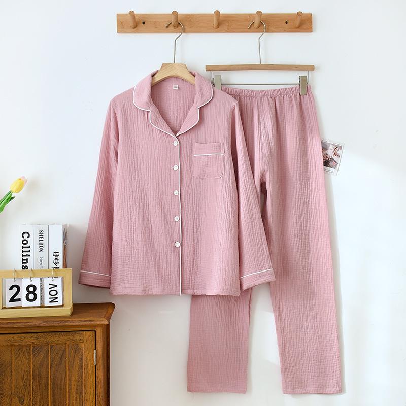 Japanese Couple's Pajamas Set: Plain Cotton, Loose Fit, Unisex, Plus Size, for Spring & Autumn.