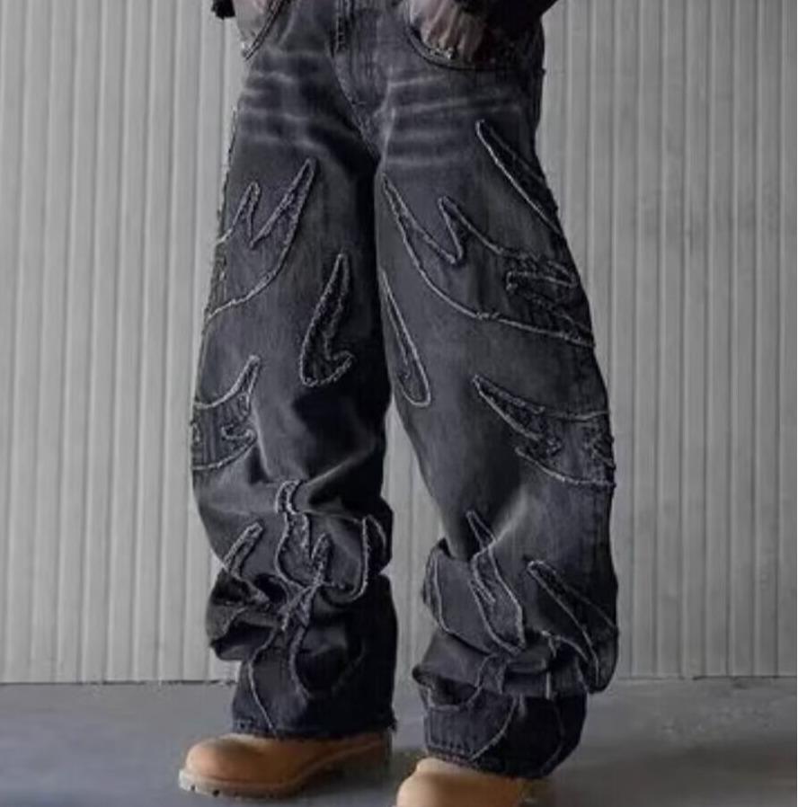 Y2k Hip Hop Baggy Jeans for Men Distressed Retro Black Pants Embroidery Harajuku Gothic Wide Leg Trousers Streetwear Pants