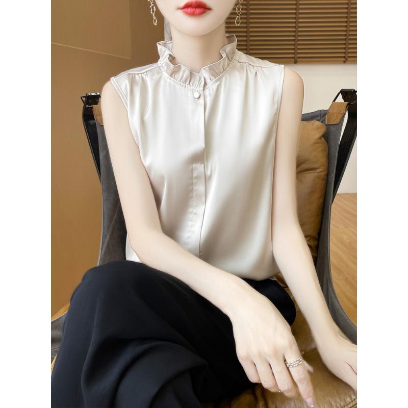 Women Beige Sleeveless Blouse With Ruffle Neck And Button Down Casual Silk Like Summer Top