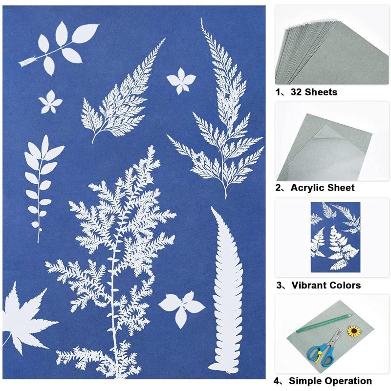 32 Stück Sonnenlicht-Druckpapier Cyan-Papier-Set A5 Solar-Zeichenpapier Empfindliches Sonnenlicht-Druckpapier Natürliches Druckpapier für