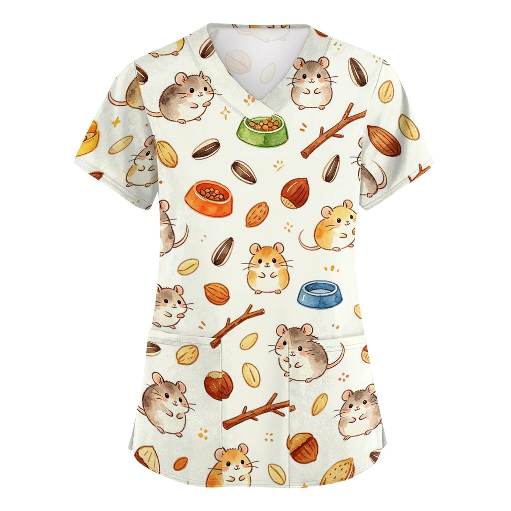 Top da Lavoro da Donna con Scollo a V e Maniche Corte con Tasche, Stampa Animalier, Camice Medico per Professionisti Sanitari, Uniforme da Infermiere