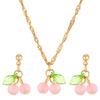 Red Sweet Cherry Clavicle Chain Necklace and Earrings Women's Summer Fashion Green Leaf Pink Cherry Fruit Pendant Zircon Set