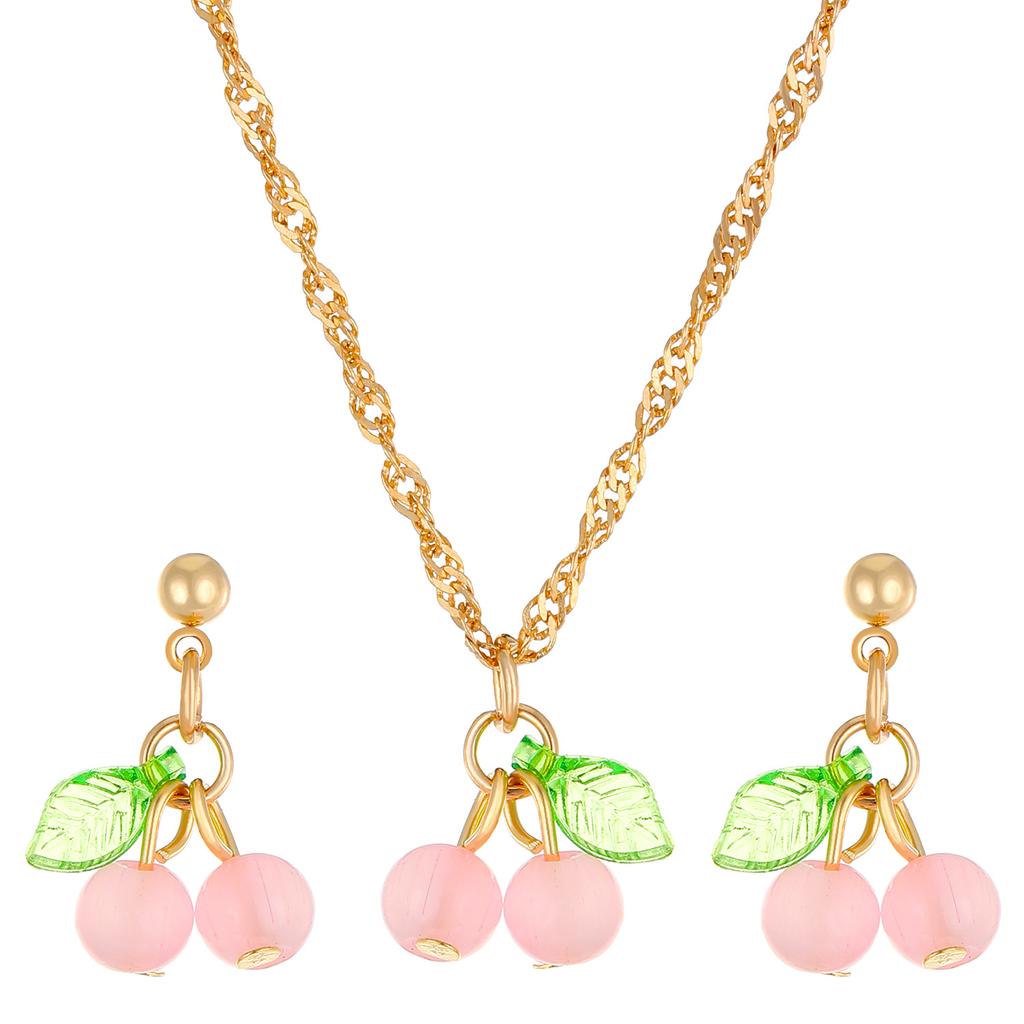 Red Sweet Cherry Clavicle Chain Necklace and Earrings Women's Summer Fashion Green Leaf Pink Cherry Fruit Pendant Zircon Set