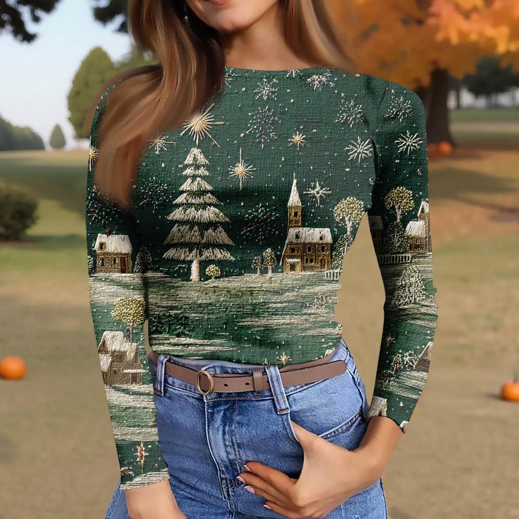 Women's  Slim Bottom T-shirt Fashion Casual Gradient Printing Round Neck Pullover Long Sleeve Top