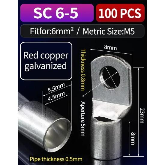 

100pcs Copper Lug Ring Wire Connectors Cable Electric Crimp Terminal SC6-6 SC6-8 SC10-6 SC10-8 SC16-6 SC16-10 SC25-6 SC25-12 1 Lot(100 PCS)