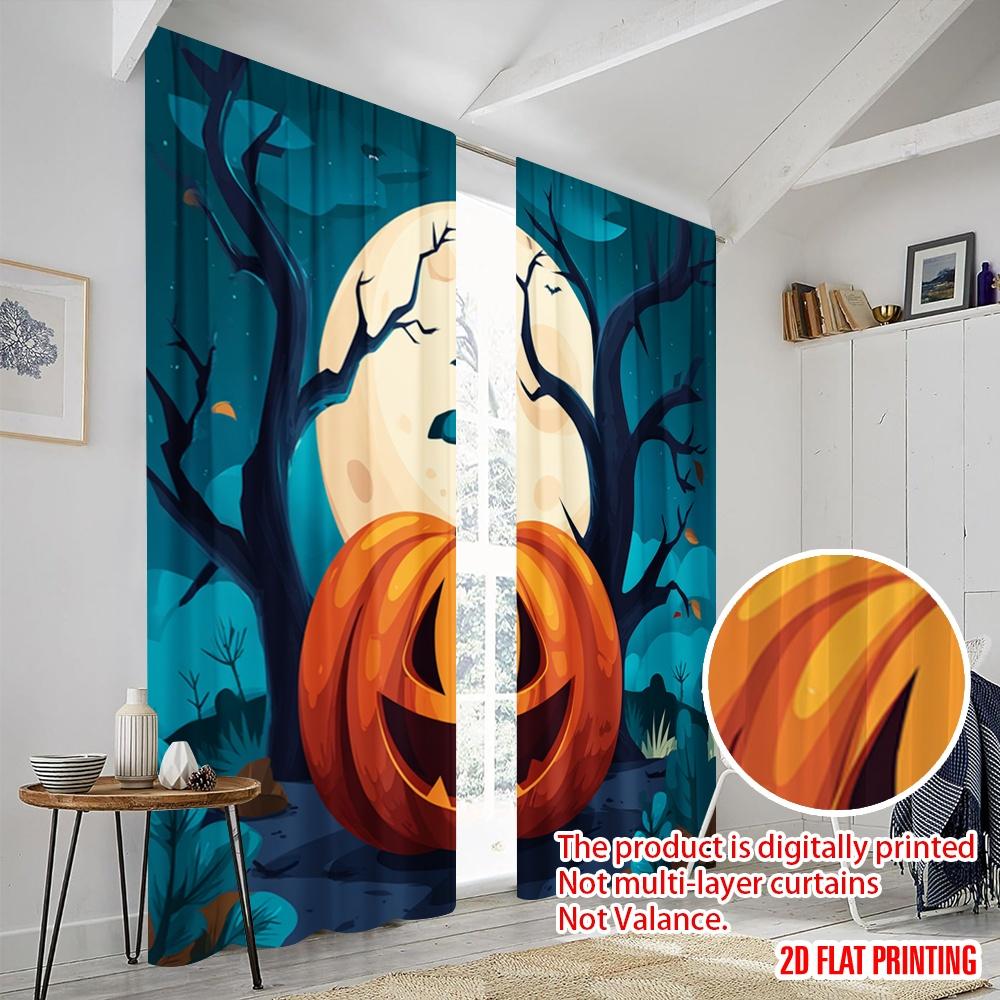 2pcs,2D Plane Printing Curtains Digital Printed Halloween Pumpkin (4) Versatile Durable Polyester (without Rod) Room Decor for